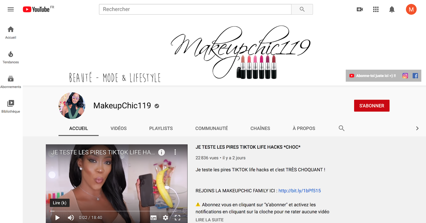 Page YouTube de makeupchic119